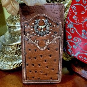 Longhorn Horseshoe Western mens wallet Bifold Check Book Style Brown